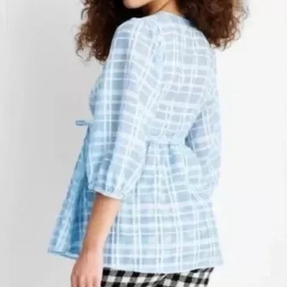 FUTURE COLLECTIVE Plaid Gingham SemiSheer Wrap Top Puff Sleeve L Waist Ties Blue - Picture 5 of 17